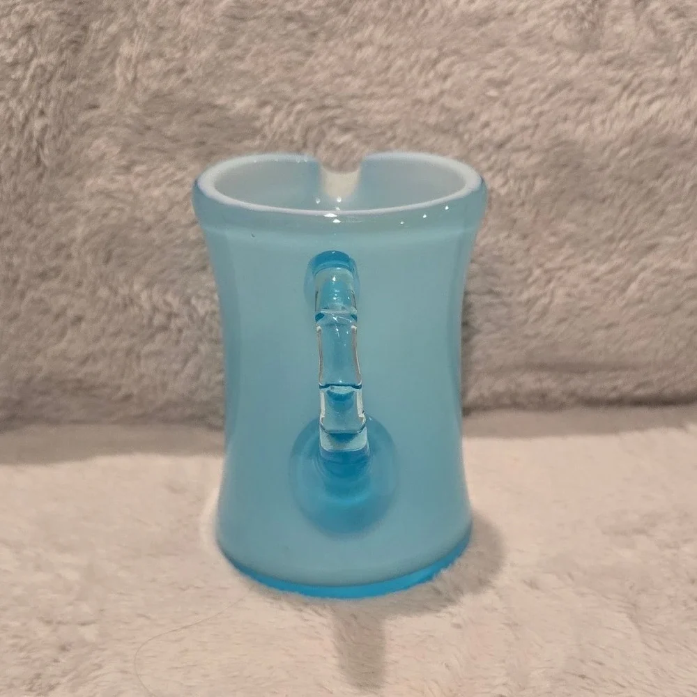 Vtg Fenton Blue Opalescent Glass Creamer Pitcher w/ Bamboo Style Applied Handle